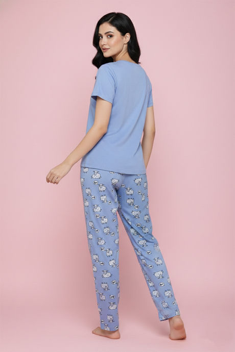 Zivame Farm Lore Knit Cotton Pyjama Set - Chambray Blue — image 2